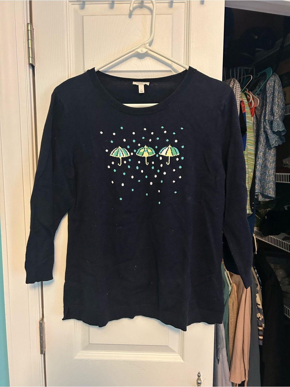 Talbots Navy Sweater with Teal and White Umbrella Motif